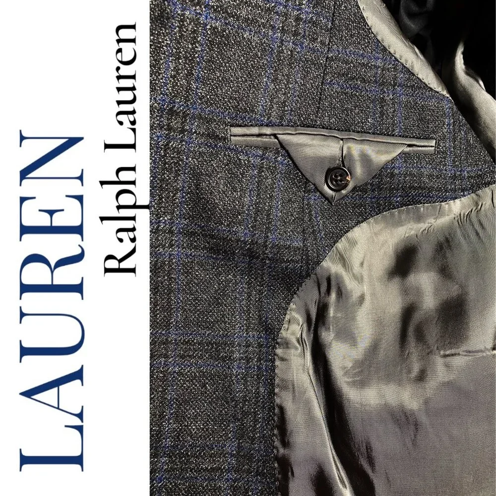 LAUREN RALPH LAUREN MEN’S 100% WOOL PLAID‎ BLAZER 2-BUTTON GRAY BLUE, SIZE 48R